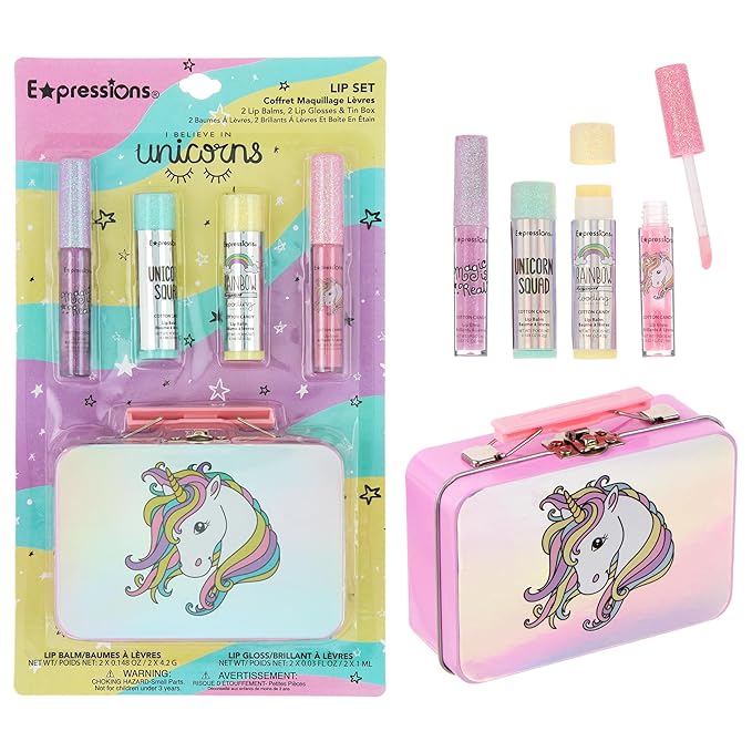 Expressions - 5pc Cosmetics Lip Kit For Kids w/Lip Glosses, Lip Balms & Tin Box Storage Case,I Believe in Unicorns Hologrpahic,Washable + Non Toxic-Velvo Beauty