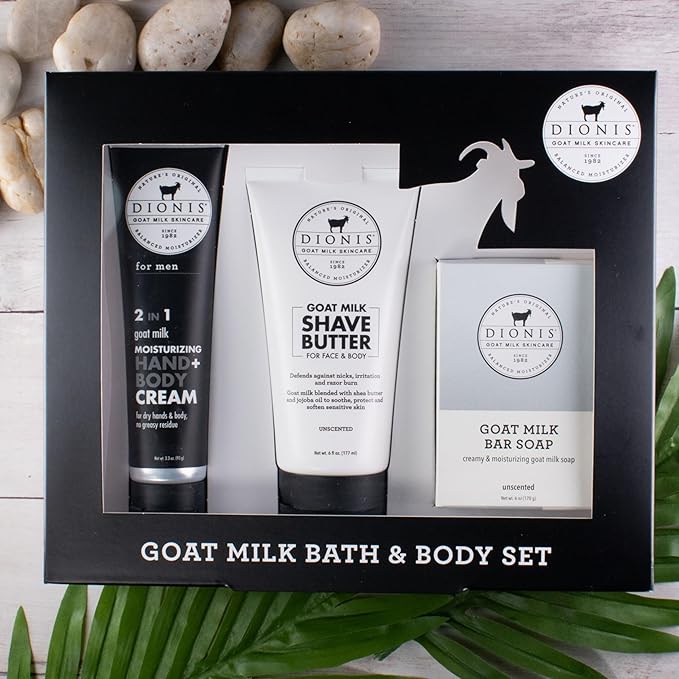 Dionis Goat Milk Skincare Men's Unscented Bath & Body 3pc Gift Set - Blended Shea Butter & Jojoba Oil Shave Butter For Sensitive Skin, Unscented Hydrating Moisturizer & Nourishing Bar Soap For Men-Velvo Beauty