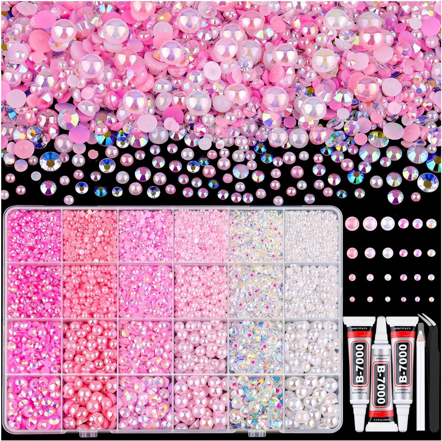 9000PCS Flatback Pearls and Rhinestones for Bedazzling, Pink White 3-10mm Resin Rhinestones and Half Pearls for Crafting, Nail Art and Grad Cap Decor with B7000 Jewelry Glue-Velvo Beauty