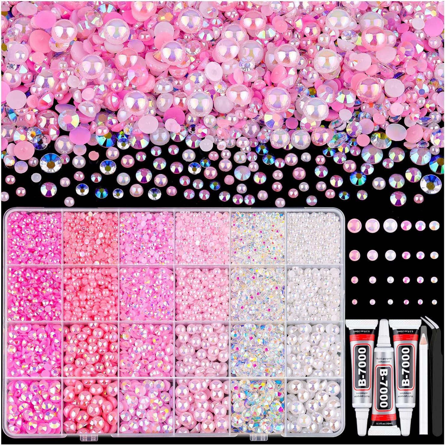 9000PCS Flatback Pearls and Rhinestones for Bedazzling, Pink White 3-10mm Resin Rhinestones and Half Pearls for Crafting, Nail Art and Grad Cap Decor with B7000 Jewelry Glue-Velvo Beauty