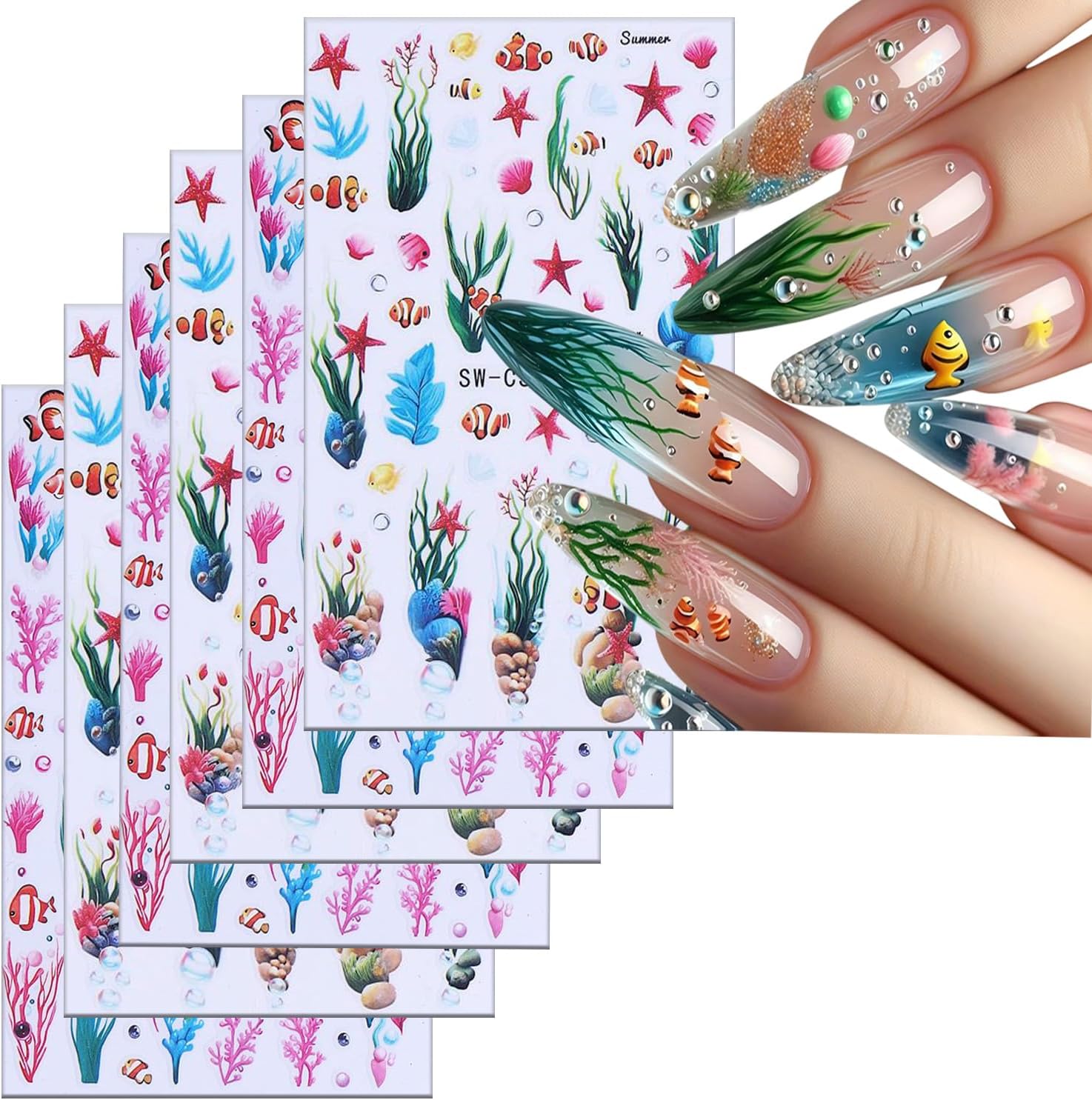 6 Sheets Ocean Plant Nail Art Stickers 3D Self -Adhesive Colorful Seaweed Shell Nail Decals Holographic Cute Fish Starfish Bubbles Nail Stickers Summer Nail Decoration for Women Manicure Supplies-Velvo Beauty