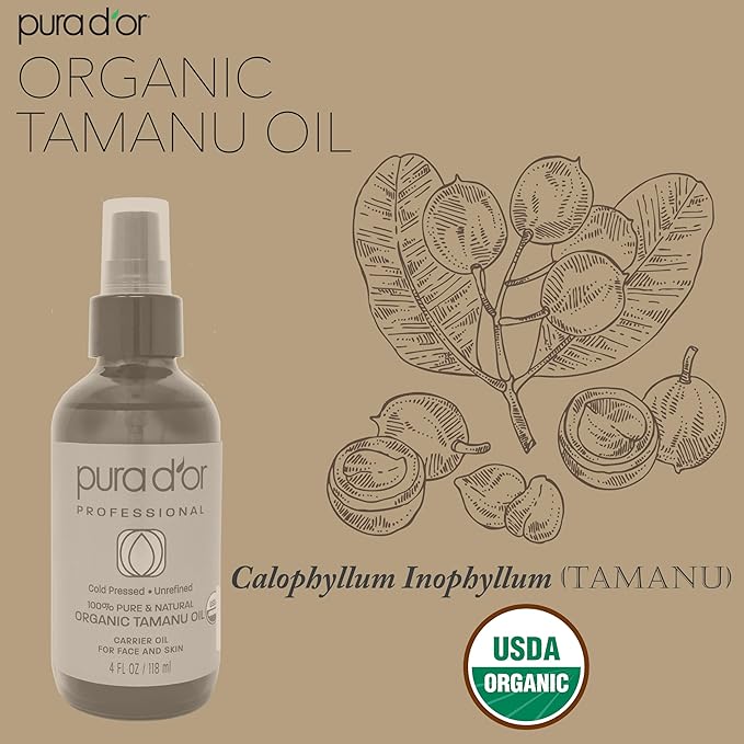 PURA D'OR 4 Oz Organic Tamanu Oil - USDA Certified 100% Pure & Natural Cold Pressed Carrier Oil, Premium Grade Moisturizer For Skin & Hair - Men & Women-Velvo Beauty