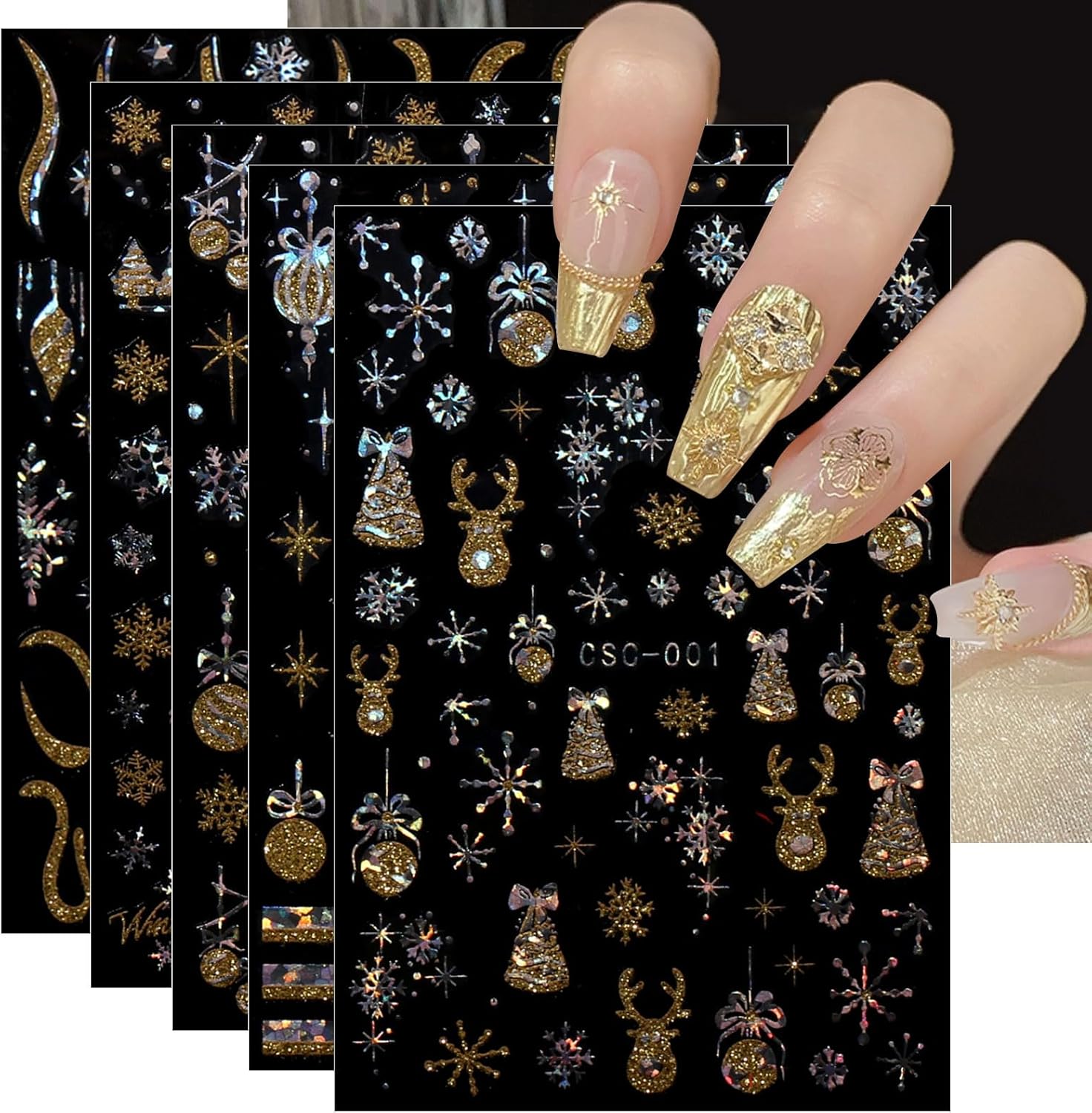 JMEOWIO 8 Sheets Christmas Gold Glitter Silver Nail Art Stickers Decals Self-Adhesive Snowflake Winter Holiday Nail Supplies Nail Art Design Decoration Accessories-Velvo Beauty