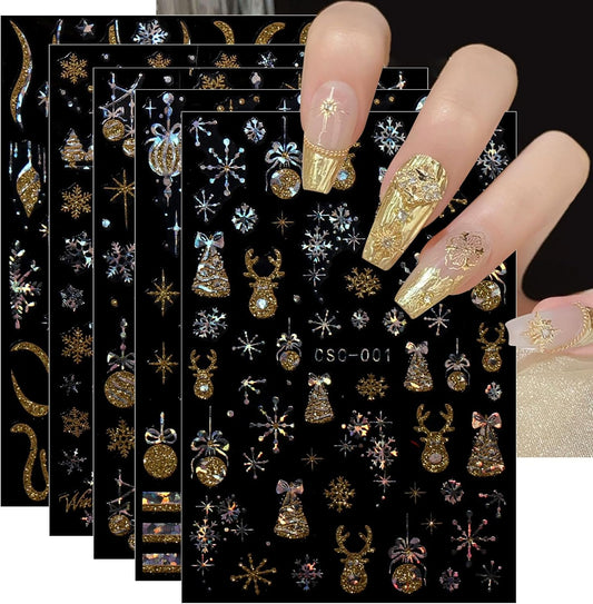 JMEOWIO 8 Sheets Christmas Gold Glitter Silver Nail Art Stickers Decals Self-Adhesive Snowflake Winter Holiday Nail Supplies Nail Art Design Decoration Accessories-Velvo Beauty
