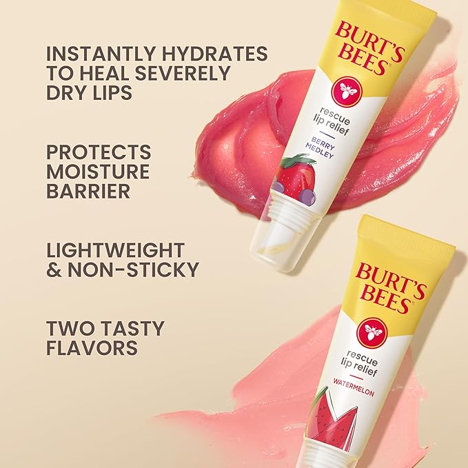 Burt's Bees Rescue Lip Relief, Watermelon & Berry Medley, Hydrating Lip Balm for Dry Cracked Lips, with Responsbily Sourced Beeswax and Shea Butter, 100% Natural Origin, 2 Pack, 0.35oz-Velvo Beauty