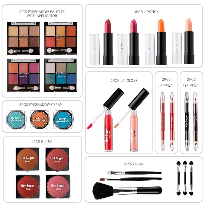 Hot Sugar Makeup Kit for Girls 10-12, Teen Girls Makeup Set for Beginners With Eye Shadow Palette, Blush, Lip Gloss, Brush, Mirror (Colored Bubble)-Velvo Beauty