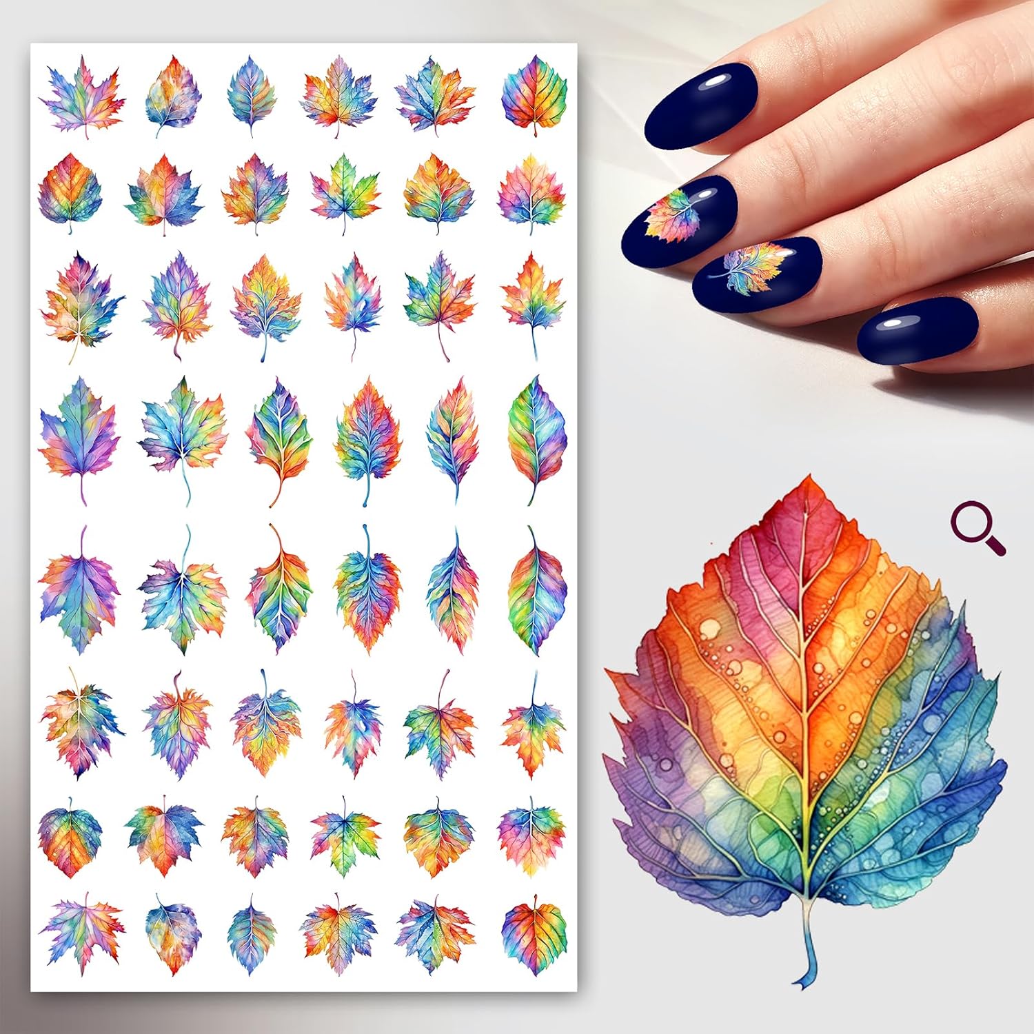 Nail Stickers Decals (5 Sheets) FLONZNAIL Gorgeous Watercolour Rainbow Leaves Vintage Styled Nail Decor-Velvo Beauty