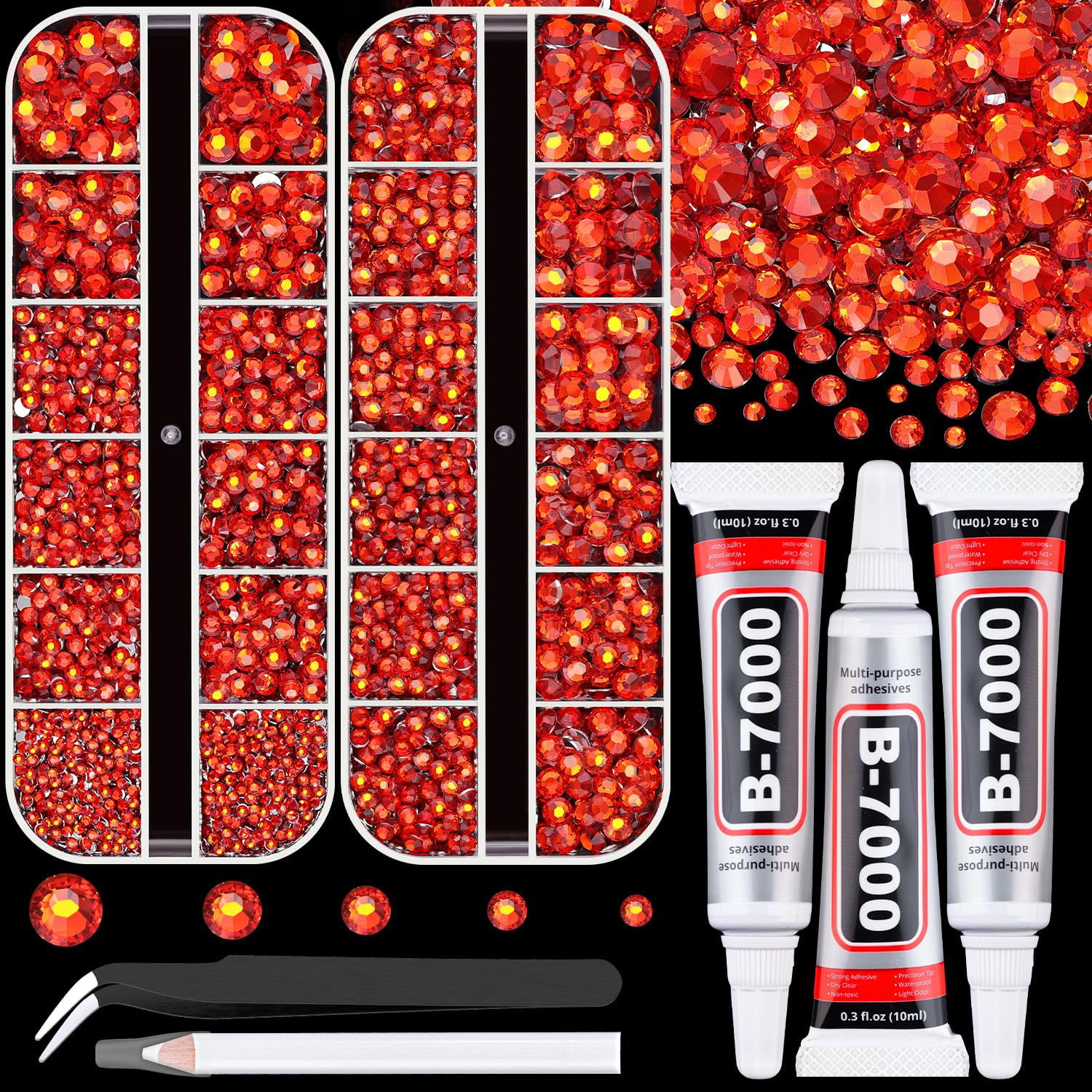 Resin Rhinestones for Crafting with B7000 Jewelry Glue, 2 Boxes Red Zircon Flatback Crystals with 3Pcs 10ml Glue for Bedazzling Crafts DIY Nail Art Makeup, Gems for Clothing Shoes-Velvo Beauty