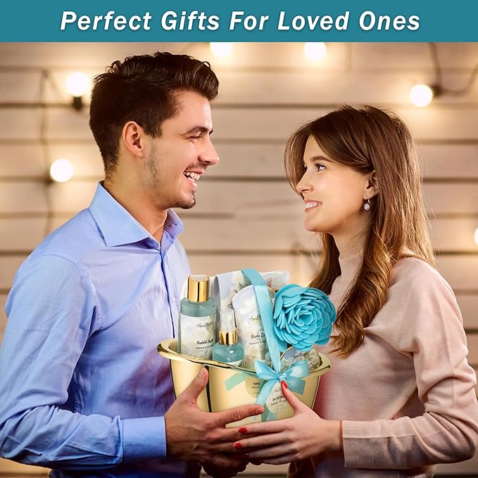 Spa Gift Baskets For Women - Luxury Bath Set With Jasmine & Lavender - Spa Kit Includes Body Wash, Bubble Bath, Lotion, Bath Salts, Body Scrub, Body Spray, Shower Puff, and Towel-Velvo Beauty