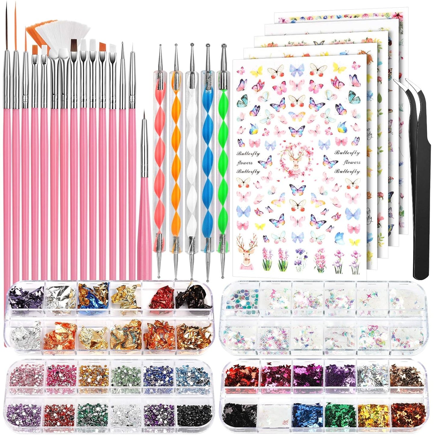 FANDAMEI Nail Art Brushes Set, Nail Art Kit, Nail Design Kit, Nail Art Dotting Pens, Nail Stickers, Butterfly Nail Art Sequins, Nail Foils, Nail Art Flakes Iridescent, Rhinestones For Nails-Velvo Beauty