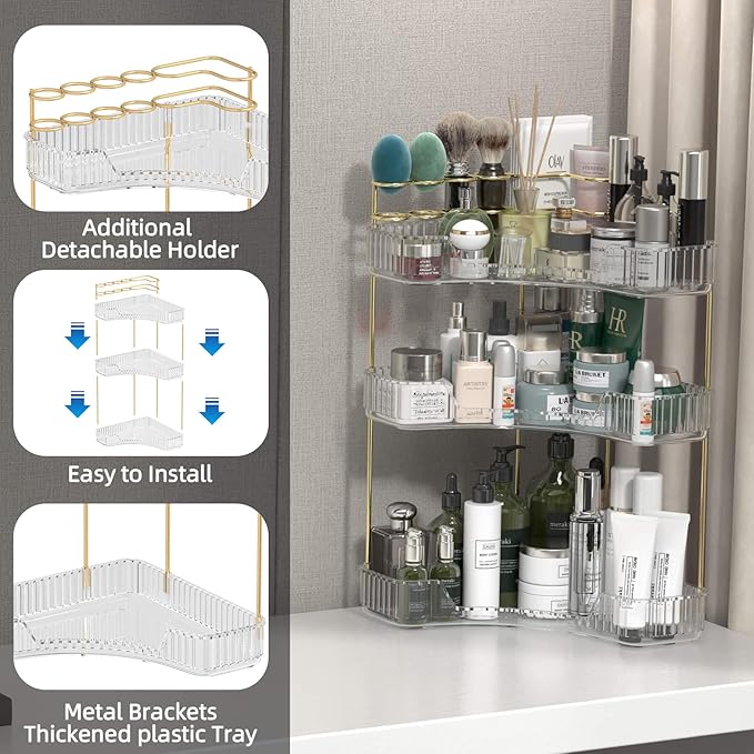 Makeup Organizer Countertop 3 Tier, Corner Bathroom Countertop Organizer with Toothbrush and Makeup Brush Holder, Corner Vanity Tray for Skincare Organization-Velvo Beauty