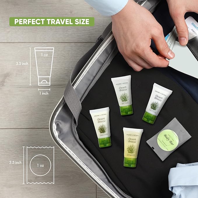 Desert Breeze Hotel Soaps and Toiletries Bulk Set | 1oz Hotel Shampoo & Conditioner, Body Wash, Body Lotion & Bar Soap | Half Pallet 21 cases with 300 units each - 6,300 pieces-Velvo Beauty