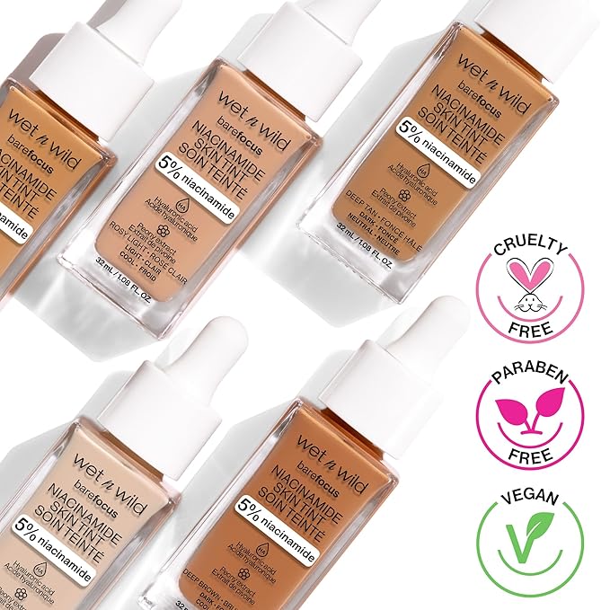 wet n wild Bare Focus Skin Tint, 5% Niacinamide Enriched, Buildable Sheer Lightweight Coverage, Natural Radiant Finish, Hyaluronic & Vitamin Hydration Boost, Cruelty-Free & Vegan - Porcelain-Velvo Beauty