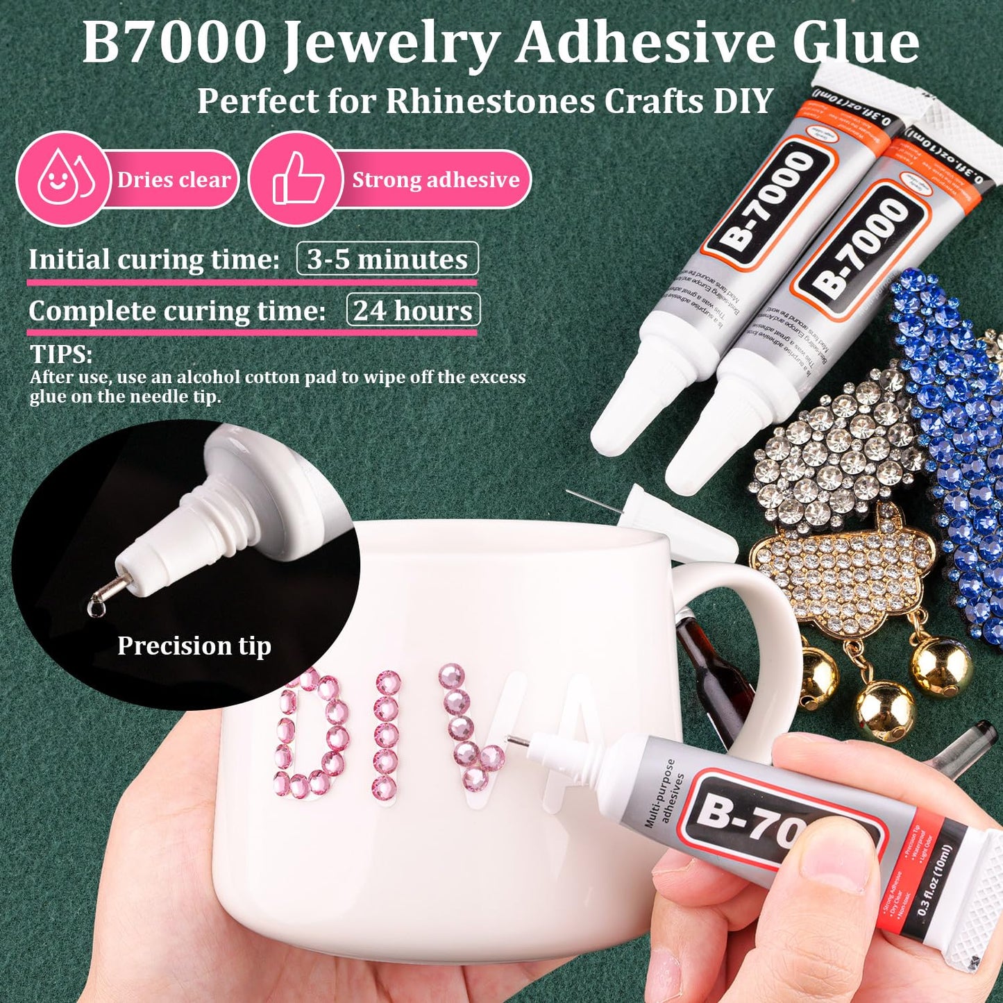 Resin Rhinestones for Crafting with B7000 Jewelry Glue, 1 Box Dark Pink Flatback Crystals with 3Pcs 10ml Glue for Bedazzling Crafts DIY Nail Art Makeup，Non Hotfix Gems for Clothing Shoes-Velvo Beauty