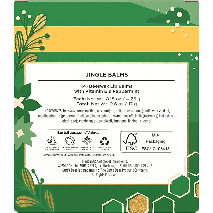 Burt's Bees Christmas Gifts, 4 Lip Balm Stocking Stuffers Products, Jingle Balms Set - Classic Beeswax Moisturizing Lip Balm-Velvo Beauty