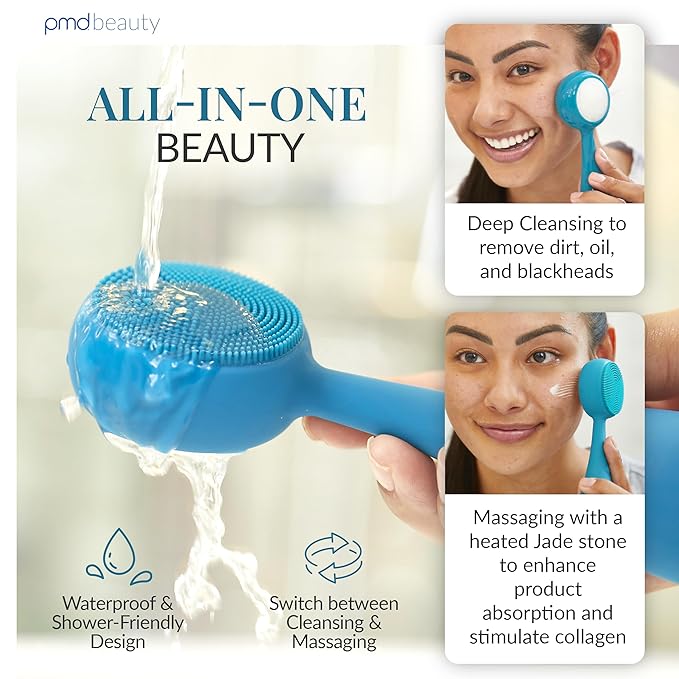 PMD Beauty Clean Pro Jade - Smart Facial Cleansing Device with Silicone Brush & Jade Gemstone ActiveWarmth Anti-Aging Massager - Waterproof - SonicGlow Vibration - Clear Pores & Blackheads-Velvo Beauty