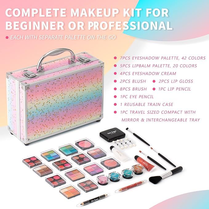Hot Sugar Makeup Kit for Teenager Girls - Full Starter Cosmetics Set with Eye Shadow Lip Balm Blush Lip Gloss Brush Lip Pencil Eye Pencil and Mirror (Rainbow)-Velvo Beauty