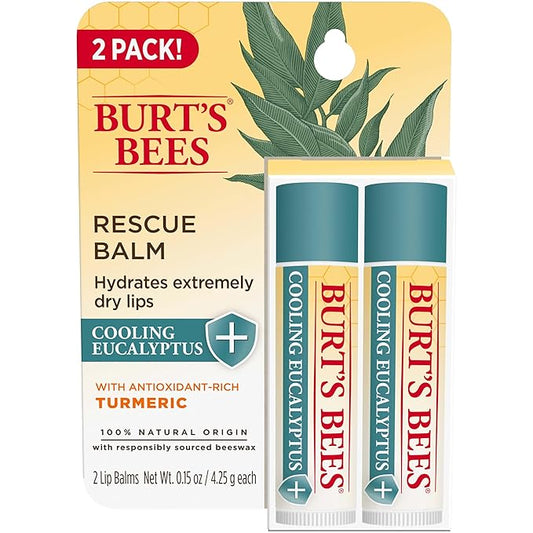 Burt's Bees 100% Natural Origin Rescue Lip Balm With Beeswax and Antioxidant-Rich Turmeric Promotes Healing Of Extremely Dry Lips, Cooling Eucalyptus, 2 Tubes in Blister Box(Pack May Vary)-Velvo Beauty