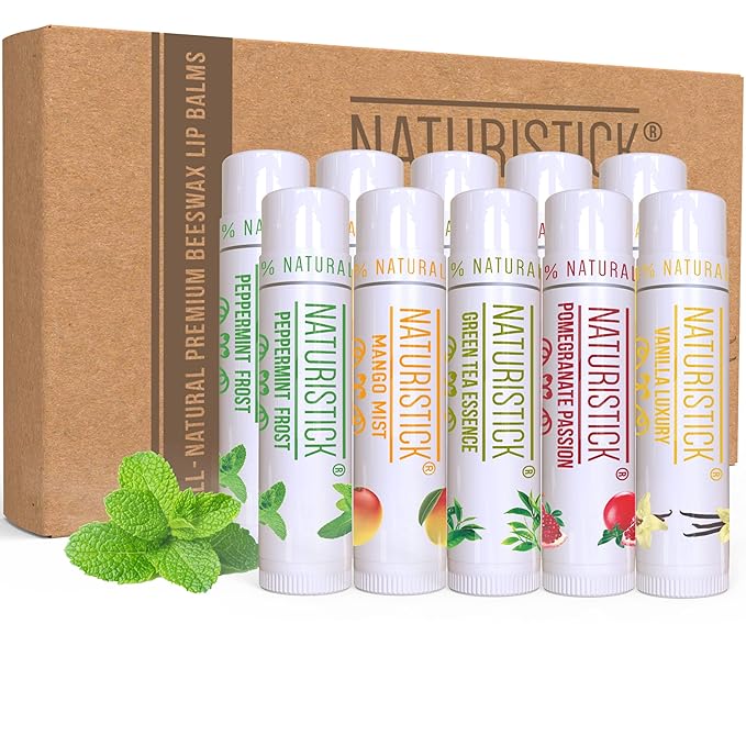 10-Pack Lip Balm Gift Set by Naturistick. Assorted Scents. 100% Natural Ingredients. Best Beeswax Chapsticks for Dry, Chapped Lips. Made in USA for Men, Women and Children-Velvo Beauty