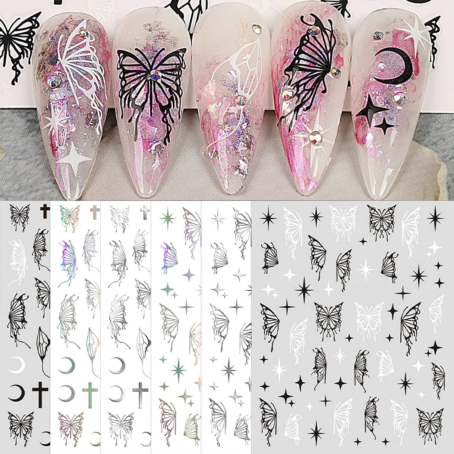 SILPECWEE 6 Sheets Butterfly Nail Stickers - 3D Nail Art Decals, Metallic Silver Aurora Retro Designs, Self-Adhesive Manicure Stickers-Velvo Beauty