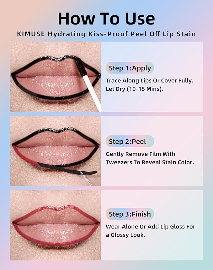 KIMUSE Lip Stain Peel Off, Peel Off Lip Liner Stain with Tweezer, Long Lasting, Waterproof, Transfer Proof Lipstains Color, Smudge-Free, Easy Removal, Matte Finish-Velvo Beauty