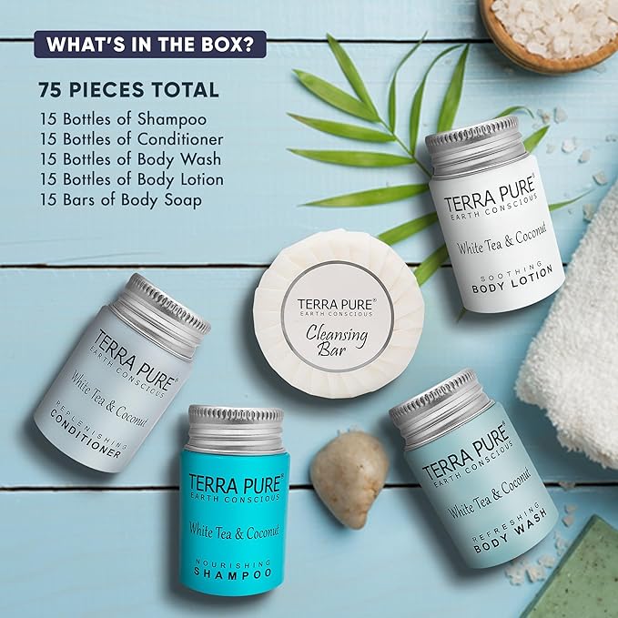 Terra Pure White Tea & Coconut Hotel Size Toiletries Set | 1-Shoppe All-In-Kit | 1 oz. Liquids and 1.25 oz. Bar Soap | Amenities For Hotels, Airbnb & Rentals | (75 pieces)-Velvo Beauty