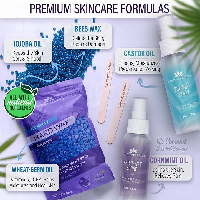 Tress Wellness Waxing Kit for Sensitive Skin – Safe for Face & Skin, Prep & Aftercare Spray, Easy to Use – At-Home Kit for Face, Bikini, Brazilian & Full Body - Digital Display, Black Purple Flower-Velvo Beauty
