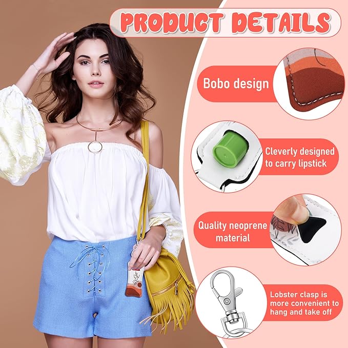 6 Pcs Boho Lip Balm Sleeve Keychain Lipstick Holder Key Chain with Portable Clip Lip Gloss Pouch Keychain for Women Graduation Travel Accessory Stocking Stuffers Gifts-Velvo Beauty