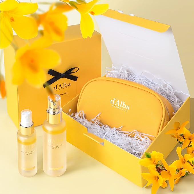 d'Alba Travel Essencial Gift Set, White Truffle First Spray Serum Full Size & Travel Size with Yellow Pouch, Korean Skin Care-Velvo Beauty