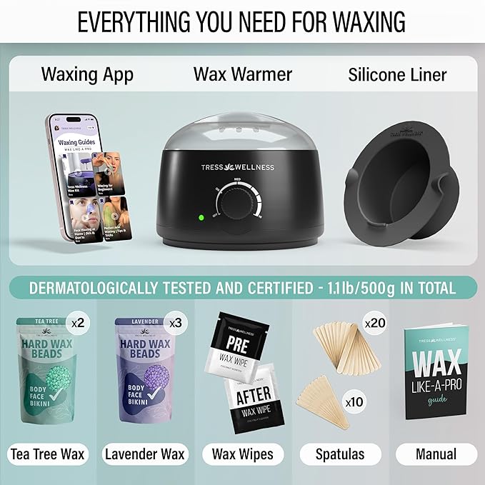 Tress Wellness Waxing Kit for Sensitive Skin – Safe for Face & Skin, Prep & Aftercare Spray, Easy to Use – At-Home Kit for Face, Bikini, Brazilian & Full Body – Black, No Display-Velvo Beauty