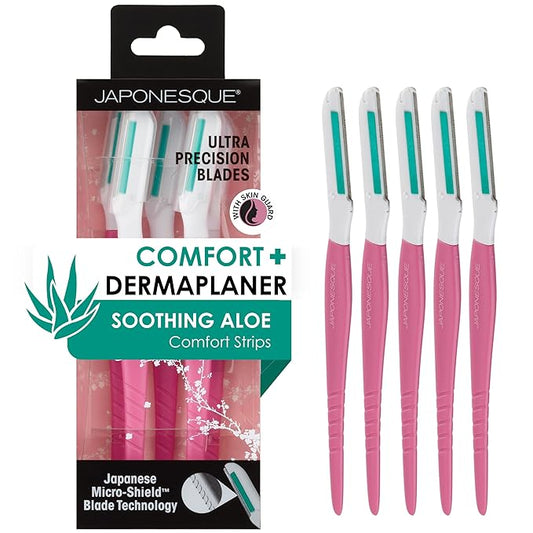 Japonesque Dermaplaner with Soothing Aloe Comfort Strip - Facial Dermaplane Razor, Skin Tool with Ultra Precision Blade for Facial Hair Removal and Exfoliation, 5pk-Velvo Beauty