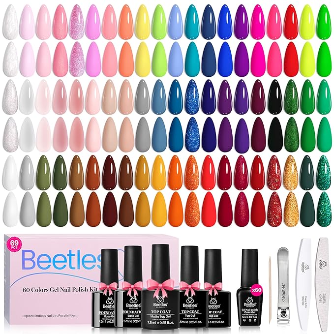 Beetles Gel Nail Polish Set, 60 Colors Fall Uv Gel Polish Kit Jelly Brown Glitter Nude Pink White Red Blue Green Color Nail Polish Base &Glossy Matte Top Coat Gift for Her Women-Velvo Beauty