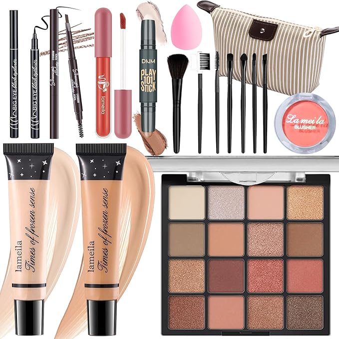 Makeup Set for Girls Teens Women, Full Face Makeup Kit, Travel Makeup Kit, Makeup Present Set, Eyeshadow Foundation, Blusher Counter Stick, Pencil Eyeliner Lip Gloss, Makeup Brushes Sponge Bag-Velvo Beauty