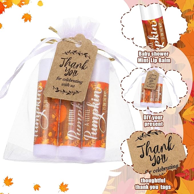 Demissle 50 Pcs Baby Shower Lip Balm Gift Set with 100 Pcs Organza Bags Baby Shower Party Favor for Guest Thank You Tag Rope Baby Shower Party Decoration Gender Reveal Souvenirs(Pumpkin)-Velvo Beauty