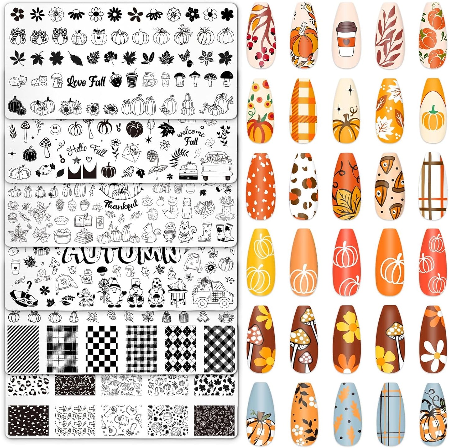 Whaline 6Pcs Fall Nail Plates Stamping Set Pumpkin Leaves Stamp Templates Nail Art Plates for Autumn Harvest Thanksgiving DIY Print Manicure Salon Design-Velvo Beauty