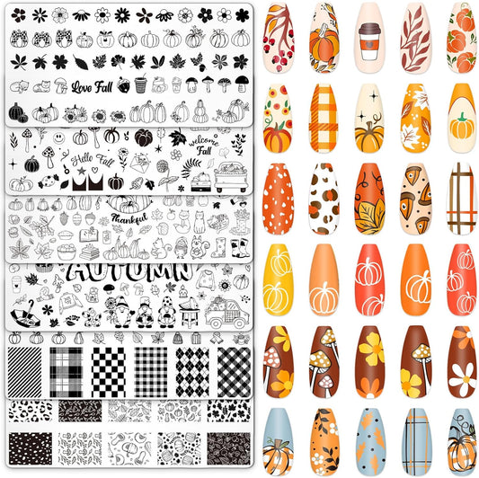 Whaline 6Pcs Fall Nail Plates Stamping Set Pumpkin Leaves Stamp Templates Nail Art Plates for Autumn Harvest Thanksgiving DIY Print Manicure Salon Design-Velvo Beauty