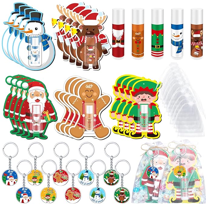 Henoyso 150 Pcs Christmas Favors 5 Styles Lip Balm Bulk Moisturizing Lip Balms Acrylic Keychains with Organza Bags for Xmas Holiday Treat Gifts Women Christmas Stocking Stuffers Party Supplies-Velvo Beauty