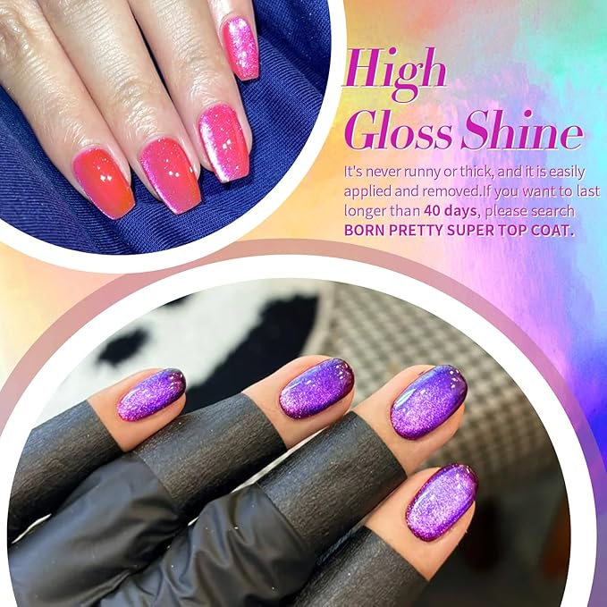 Born Pretty Cat Magnetic Eye Gel Nail Polish Spring Summer Neon Shimmer Glitter Holographic Cat Magnetic Eye Gel Crystal Glass Cat Magnetic Gel Polish Nail Art Manicure DIY at Home 6PCS-Velvo Beauty