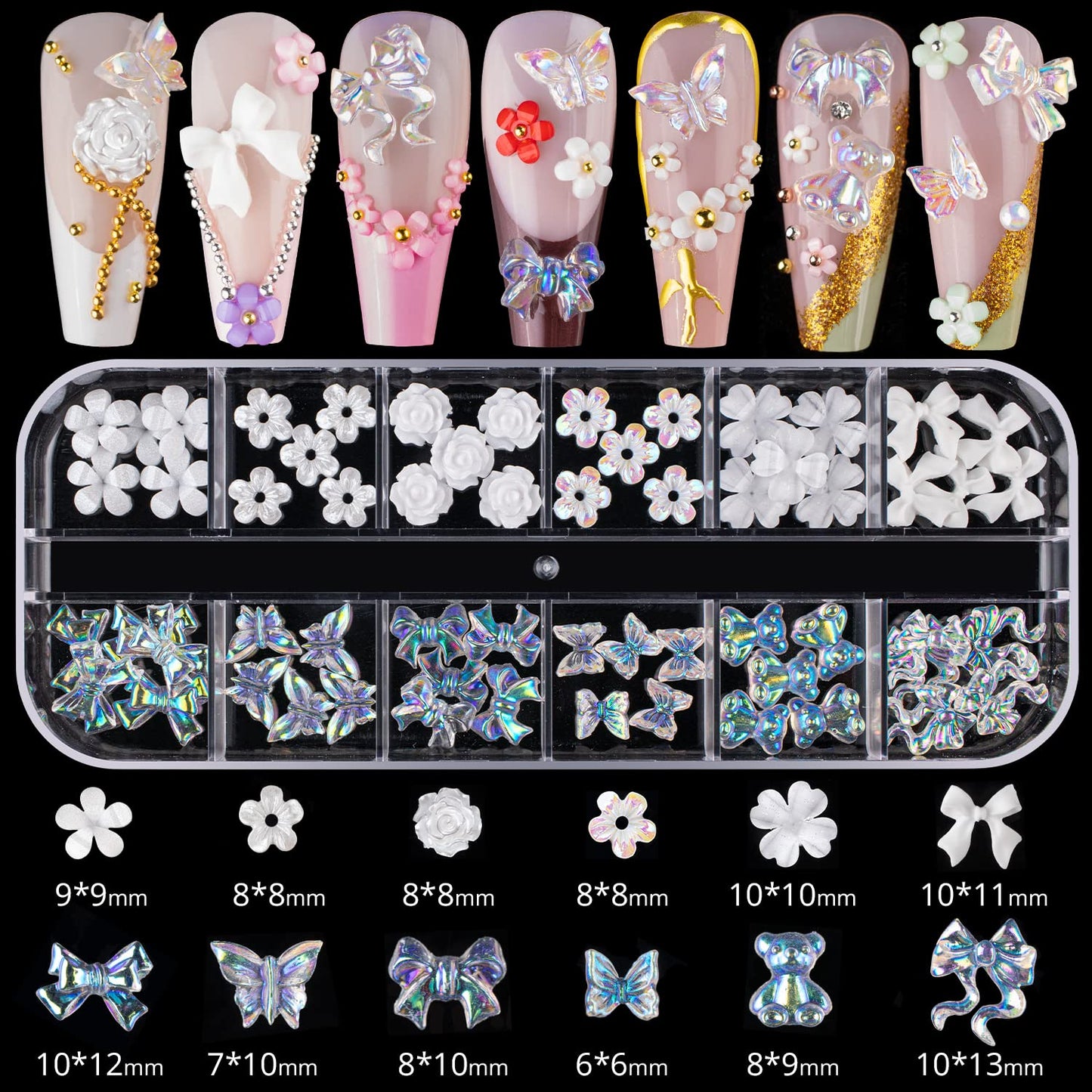Mixed 3D Nail Art Gem Decoration Accessories Kit #7, Aurora Bear Bow Butterfly Starry AB Rhinestone Charm Jewelry for Deco, Pearl Flower Caviar Bead Stone Crystal with Pickup Pencil and Tweezer-Velvo Beauty