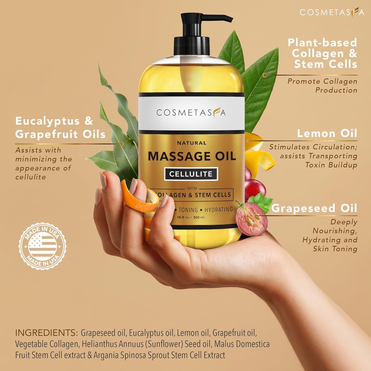 Large Cellulite Massage Oil with Collagen & Stem Cells- 100% Natural Cellulite Oil, Highly Absorbable, Deeply Penetrates The Skin- Firms, Tones, Tightens & Moisturizes Skin by Cosmetasa (16.9 oz)-Velvo Beauty