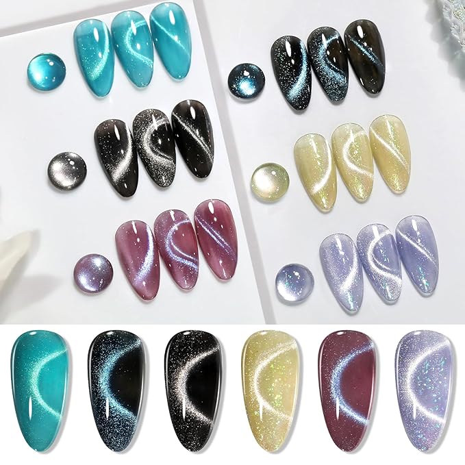 Born Pretty Cat Magnetic Eye Gel Nail Polish, 6 Colors 9D Magnetic Glitter Gel Polish Set Black Blue Purple Green Nail Polish Kit Soak Off LED Nail Art DIY Salon Gift-Velvo Beauty