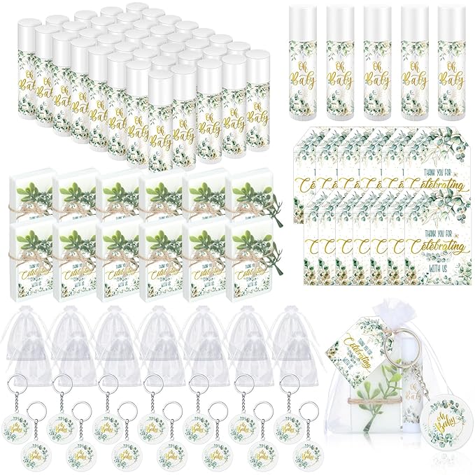 60 Sets 360 Pcs Lip Balm Soap Keychain Favors Eucalyptus Greenery Baby Shower Favors with Organza Bag Gift Card Faux Eucalyptus Greenery for Baby Shower Gift Gender Reveal Guest Prize-Velvo Beauty