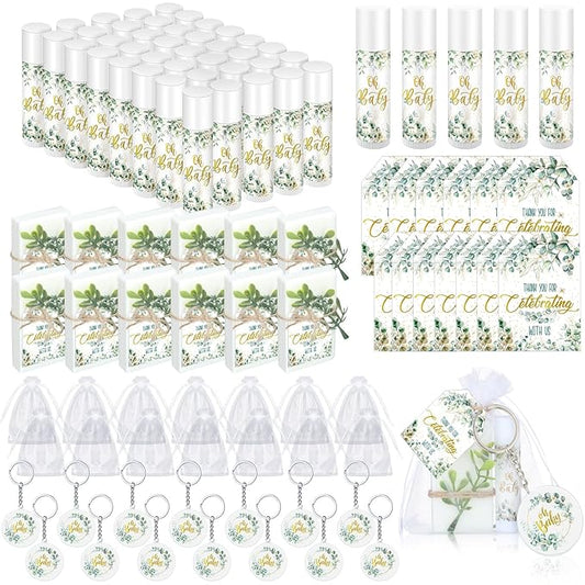 60 Sets 360 Pcs Lip Balm Soap Keychain Favors Eucalyptus Greenery Baby Shower Favors with Organza Bag Gift Card Faux Eucalyptus Greenery for Baby Shower Gift Gender Reveal Guest Prize-Velvo Beauty