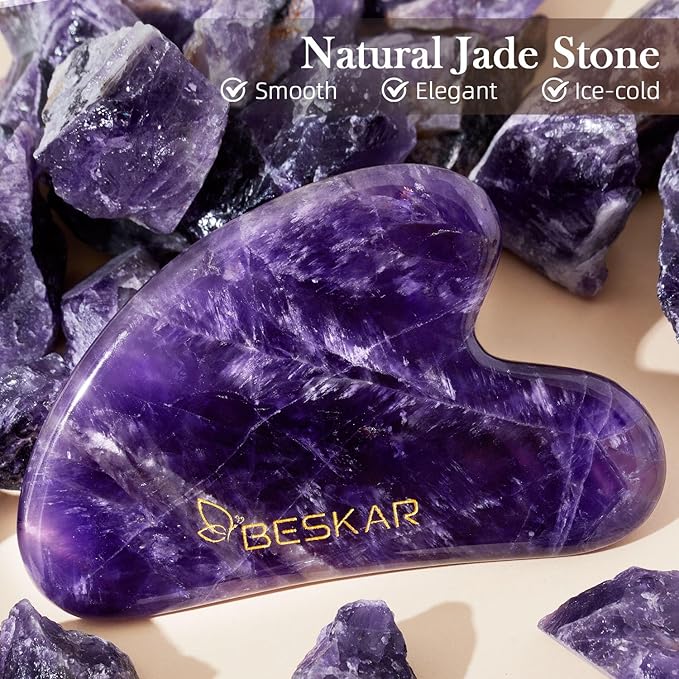 BESKAR Gua Sha Facial Tools, Natural Jade Stone Guasha Massager for Jawline Sculpting, Tighten Face Skin and Reduce Wrinkles, Face Eyes Body Neck Massage Tool, Skin Care Gift-Velvo Beauty