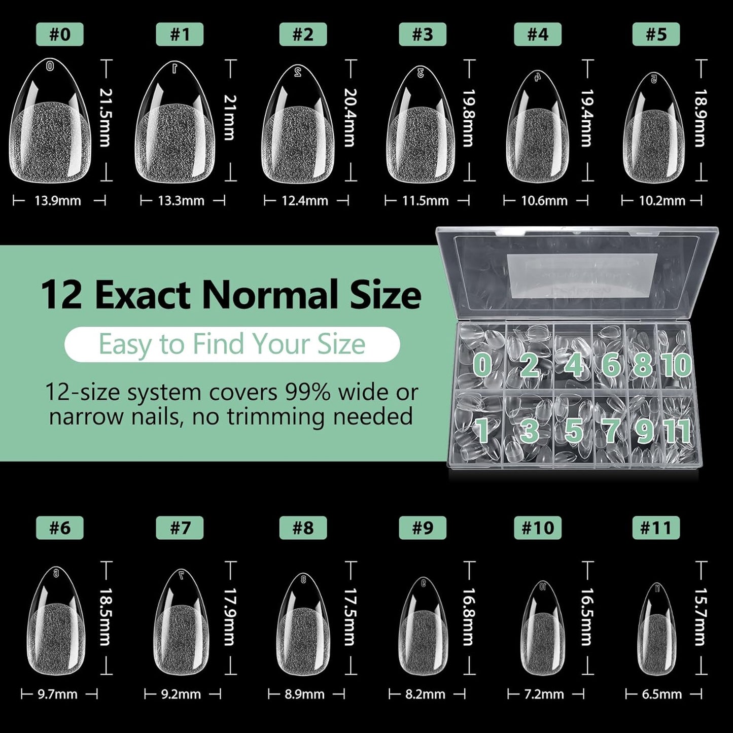 Short Almond Nail Tips, 216pcs Soft Acrylic Fake Nails Gel Nail Tips, Full Cover Pre-Shaped Matte Clear Press on Nails for Extension, Diy at Home Manicure 12 Sizes-Velvo Beauty