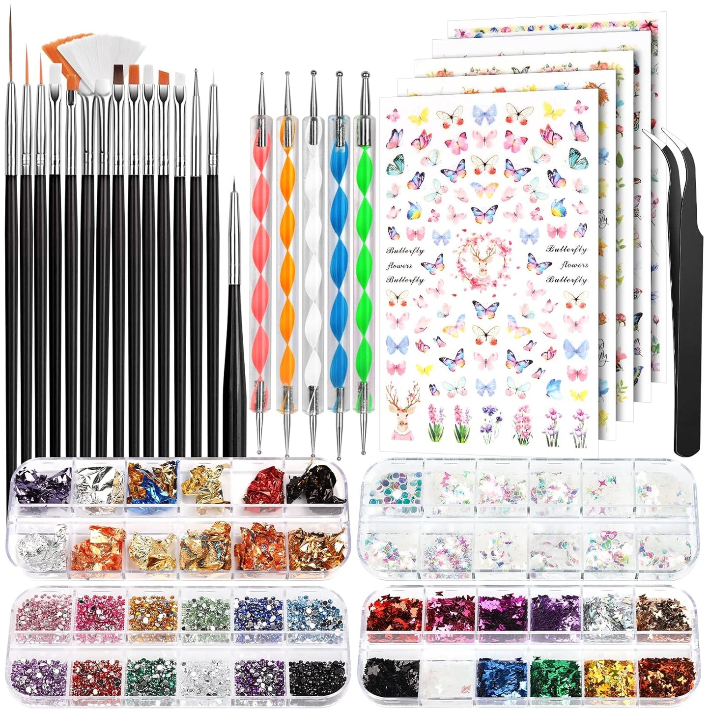 FANDAMEI Nail Art Kit, Nail Art Brushes Set, Nail Art Dotting Tools, Nail Stickers, Butterfly Nail Art Sequins, Nail Foils, Nail Art Flakes Iridescent, Rhinestones For Nails Design-Velvo Beauty