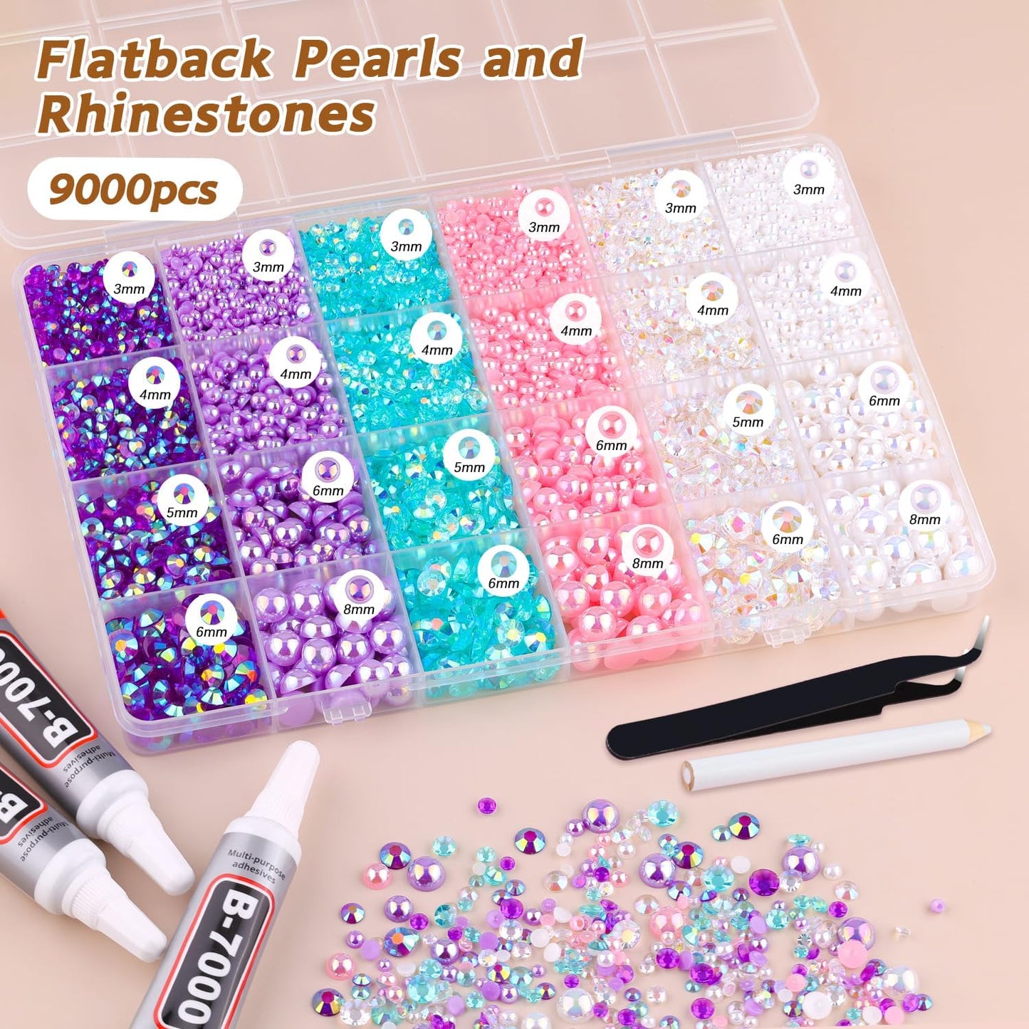 9000PCS Flatback Pearls and Rhinestones for Crafting, Pink Purple 3-10mm Resin Rhinestones and Half Pearls for Bedazzling, Nail Art and Dec with 3pcs B7000 Jewelry Glue, Tweezer and Pickup Pencil-Velvo Beauty
