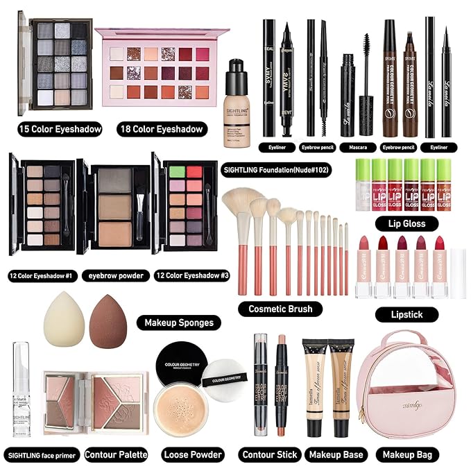 All In One Makeup Kit, Travel Makeup Kit, Makeup Gift Set, Makeup Kit for Women Full Kit, Makeup Bundle Includes Foundation Eyeshadow Palette Lipstick Eyeliner Mascara Contour Stick Cosmetic Brush Set-Velvo Beauty