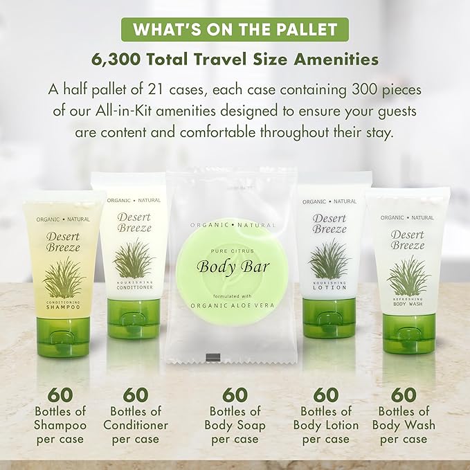 Desert Breeze Hotel Soaps and Toiletries Bulk Set | 1oz Hotel Shampoo & Conditioner, Body Wash, Body Lotion & Bar Soap | Half Pallet 21 cases with 300 units each - 6,300 pieces-Velvo Beauty