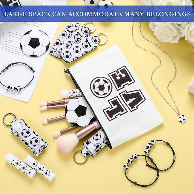 72 Pcs Sports Team Gifts Include 12 Makeup Bags 12 Lip Balm 12 Lip Balm Holder 12 Necklace 12 Adjustable Bracelet 12 Mirrors for Sports Lovers Players Party Favors (Black, Soccer)-Velvo Beauty